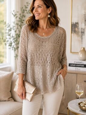 💖 Joseph Ribkoff Champagne Sequin Open Knit Sweater | NWT | Size L 💖